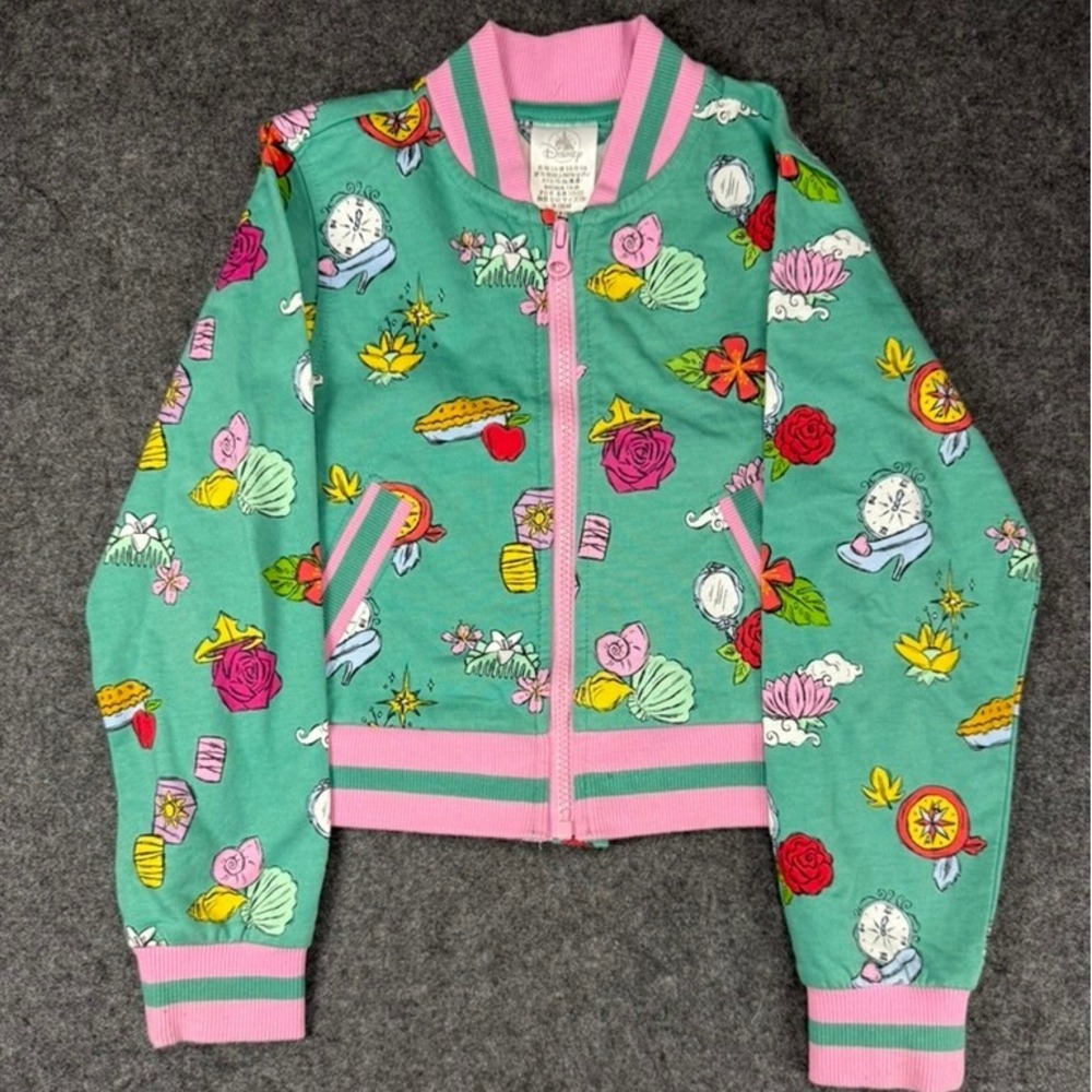 Disney Princess Bomber Jacket Girl's Size 5/6 Green Pink Cartoon Characters